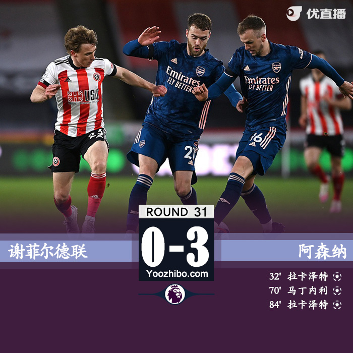 阿森纳3-0谢菲联 拉卡泽特双响马丁内利建功