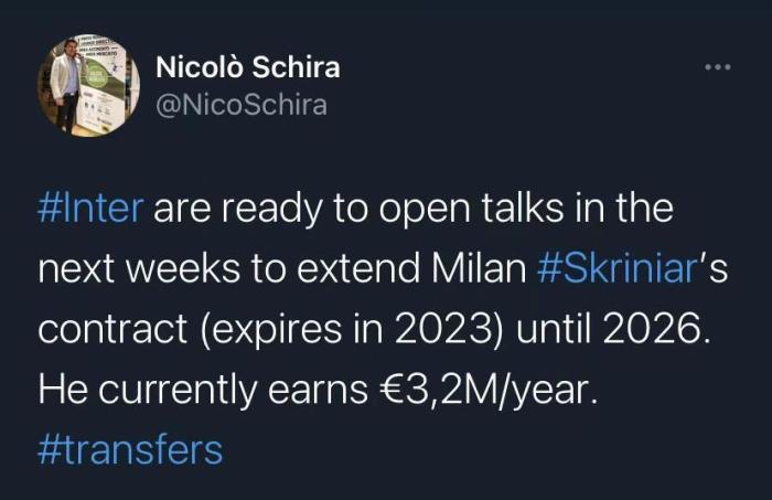 斯基拉：国米将在未来几周与什克商谈续约