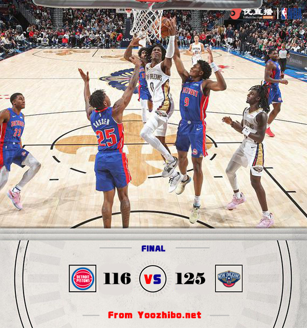 鹈鹕125-116战胜活塞 CJ33+5 锡安缺阵 康宁汉姆22+11