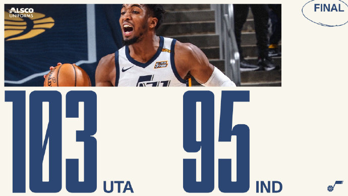 爵士103-95力克步行者 米切尔27+9+11 戈贝尔16+16