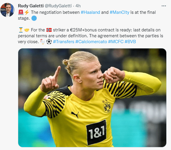 曼城和哈兰德的谈判进入最后阶段，年薪2500万