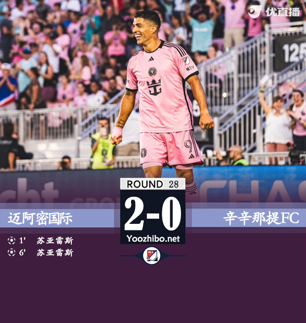 迈阿密2-0辛辛那提FC锁定季后赛 苏牙30秒闪击5分钟双响