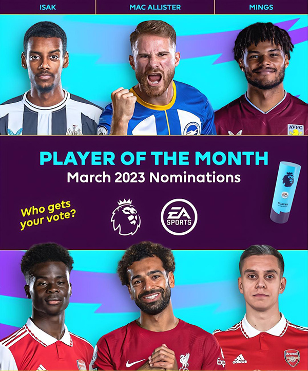 英超3月最佳球员候选：萨卡、特罗萨德、萨拉赫在列