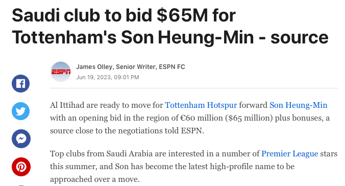 联袂本泽马？曝沙特联赛冠军6千万报价孙兴慜！开4年1.2亿欧薪水