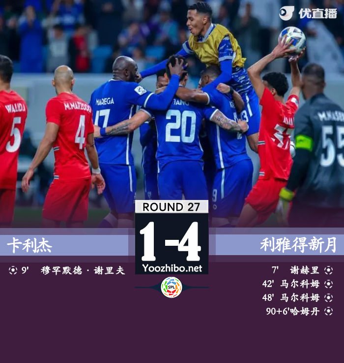 利雅得新月4-1卡利 马尔科姆双响