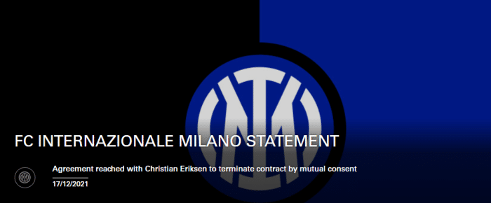 官方：埃里克森和国米协商后解约