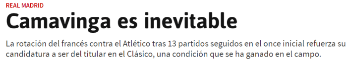 阿斯：卡马文加已是皇马不可或缺的一员