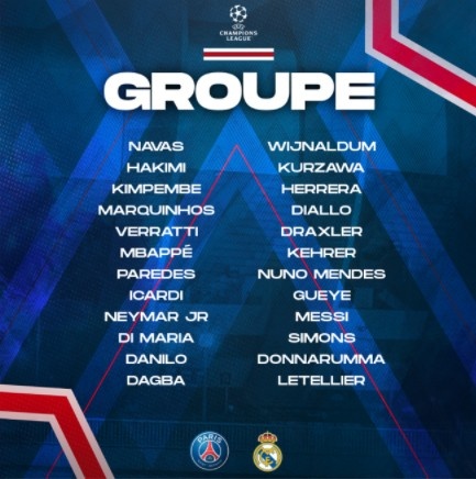 巴黎vs皇马欧冠大名单：巴黎三叉戟领衔！