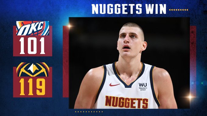 掘金119-101击败雷霆 约基奇27+12+6 掘金7人上双