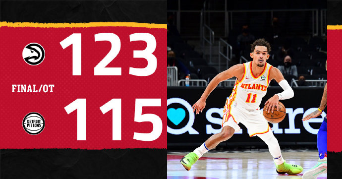 老鹰123-115战胜活塞 卡佩拉27+26 特雷-杨38+10