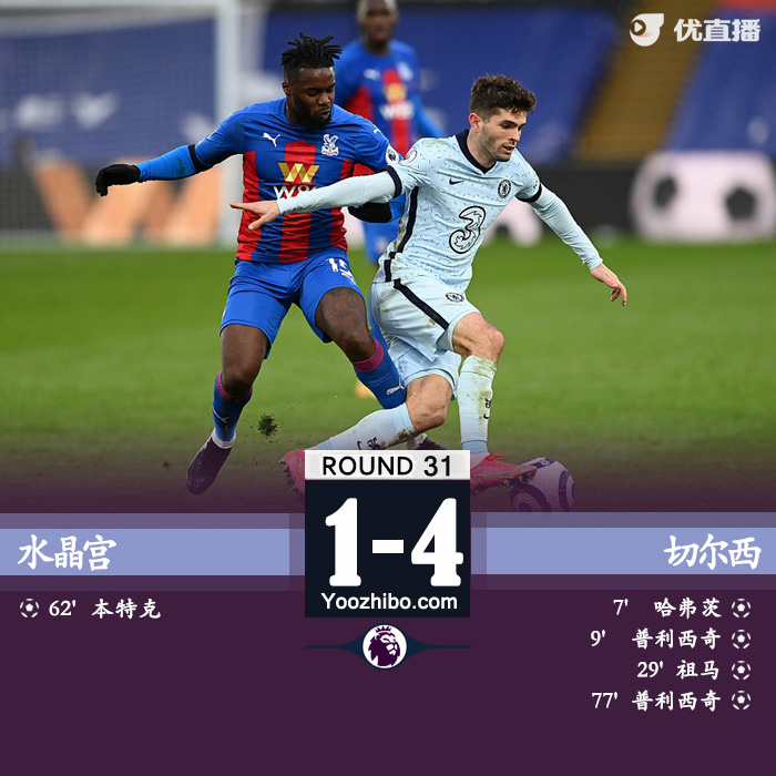 切尔西4-1水晶宫 哈弗茨祖马破门普利西奇梅开二度