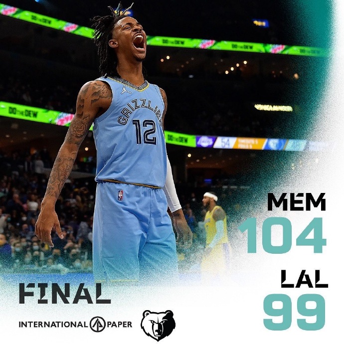 灰熊104-99险胜湖人 莫兰特41+10 詹姆斯37+13+7 威少16+10+12