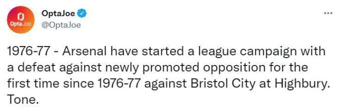 45年来首次，阿森纳在联赛首轮输给升班马