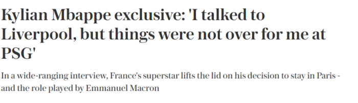 姆巴佩：留在巴黎不是因为钱 我也和利物浦谈过