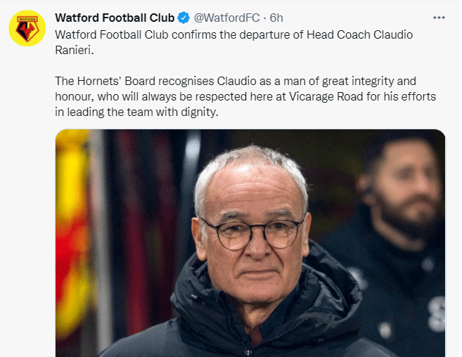 沃特福德官方：拉涅利下课，上任仅112天