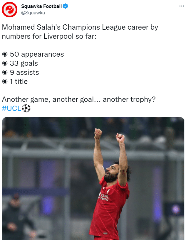 萨拉赫迎来利物浦生涯欧冠50场：33球9助1冠
