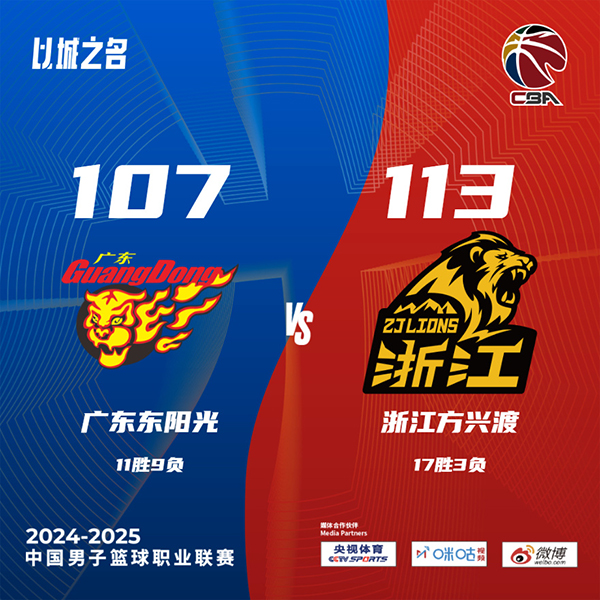 广厦113-107力克广东 孙铭徽8记三分轰31+8 胡金秋24+8 莫兰德三双