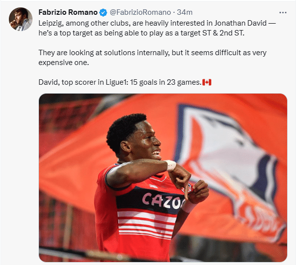 罗马诺：莱比锡等队对里尔前锋戴维特别感兴趣
