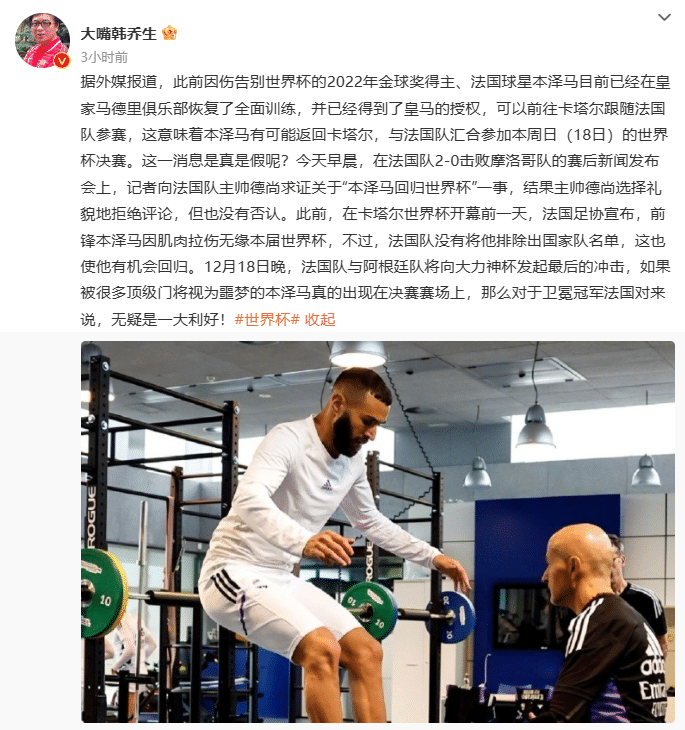 韩乔生：若本泽马出现在决赛上，对法国是一大利好