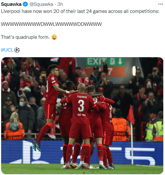 利物浦近24场比赛豪取20胜，仅输国米一场