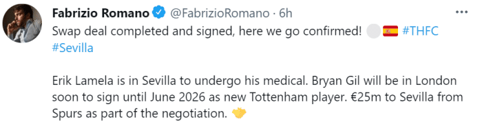 罗马诺：拉梅拉在接受塞维利亚体检，将与吉尔互换