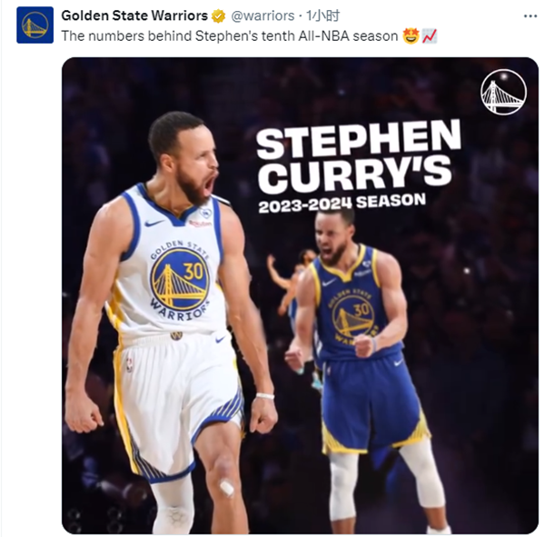 库里发推庆贺入选最佳阵容，勇士将帅：杀手、GOAT 祝贺