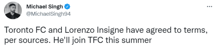 记者：因西涅与多伦多FC达成个人协议，明夏加盟