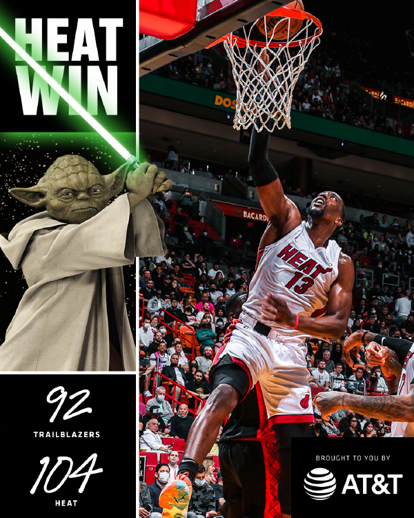 热火104-92击退开拓者 马丁26+8 阿德巴约20+11+5断 西蒙斯27+7