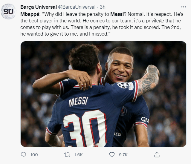 姆巴佩：梅西是世界最佳，所以给他让点球很正常