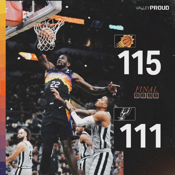 太阳115-111力克马刺 艾顿21+14 布克23分 穆雷18+10+11