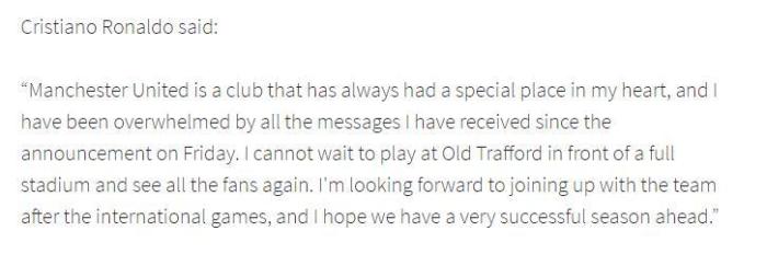 C罗：曼联在我心里一直有特殊的位置