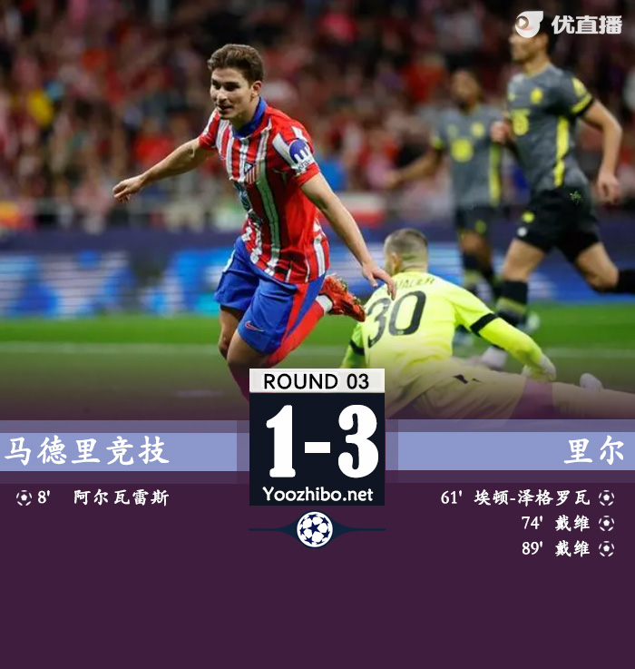 马竞1-3遭里尔逆转 小蜘蛛破门难救主&全队四失良机