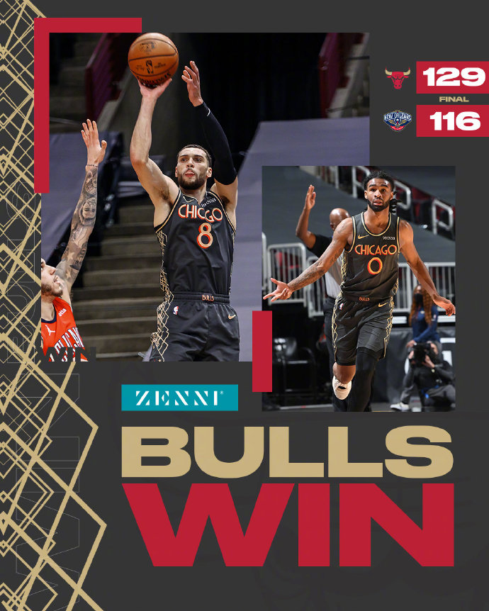 公牛129-116终结鹈鹕 拉文46+7 怀特30+7 锡安29分