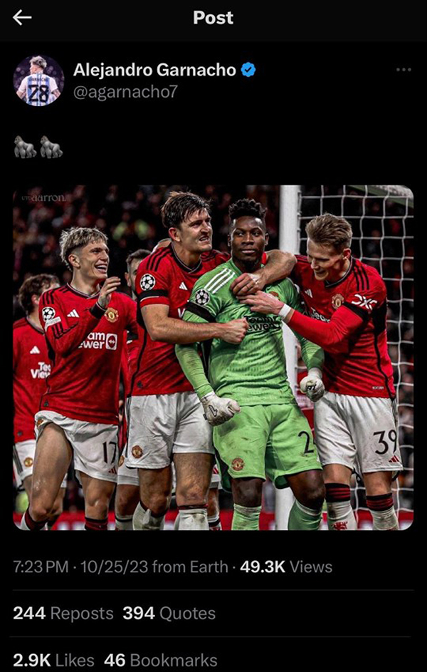 曼联新C罗恐遭禁赛！发猩猩表情庆祝奥纳纳扑点，已非首次惹争议