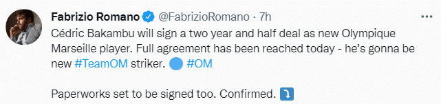 罗马诺：巴坎布即将加盟马赛，签约两年半
