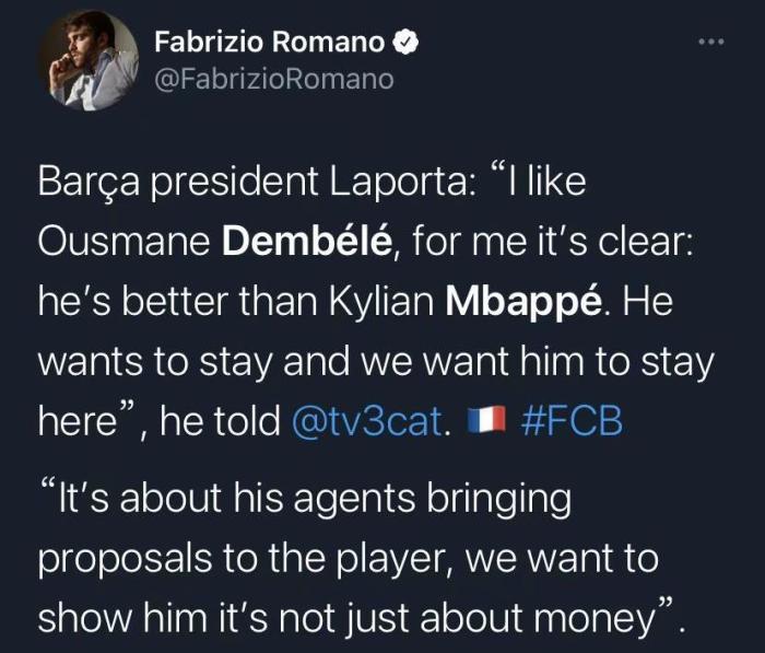 拉波尔塔：对我来说，登贝莱比姆巴佩强