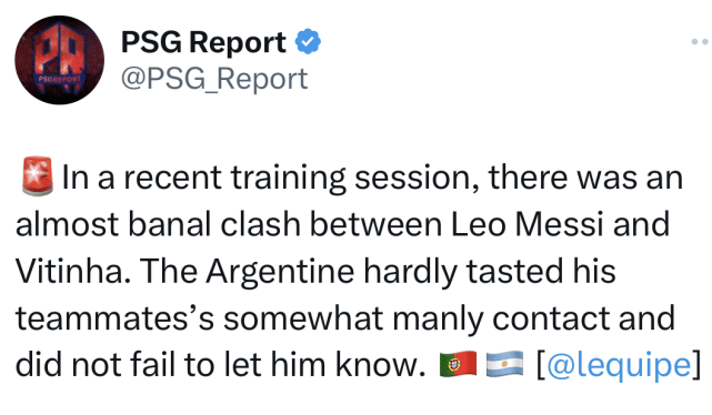 曝梅西与巴黎队友训练中发生冲突！遭葡国脚粗暴铲球后发火：冷静点