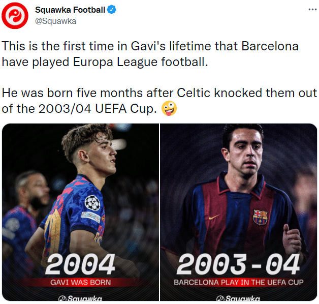 巴萨上次踢欧联时，队内小妖加维还未出生