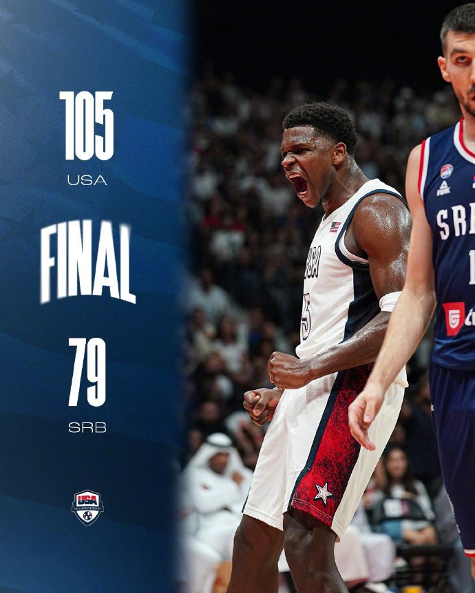 美国男篮105-79大胜塞尔维亚 库里24分 浓眉6盖帽