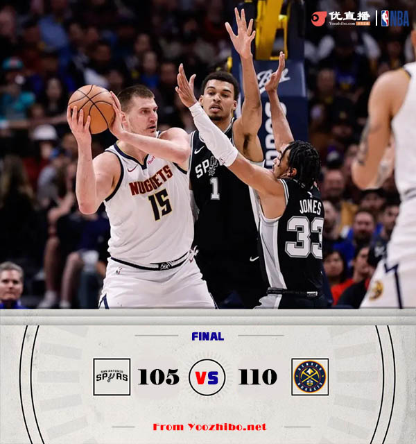掘金110-105击败马刺 约基奇42+16+6 戈登23+7 文班23+15+8+9帽