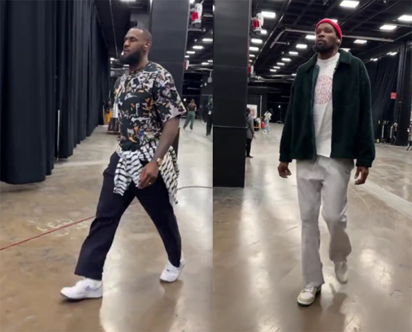 时隔15天再对决！詹姆斯帅气入场一脸严肃 杜兰特戴小红帽太抢镜