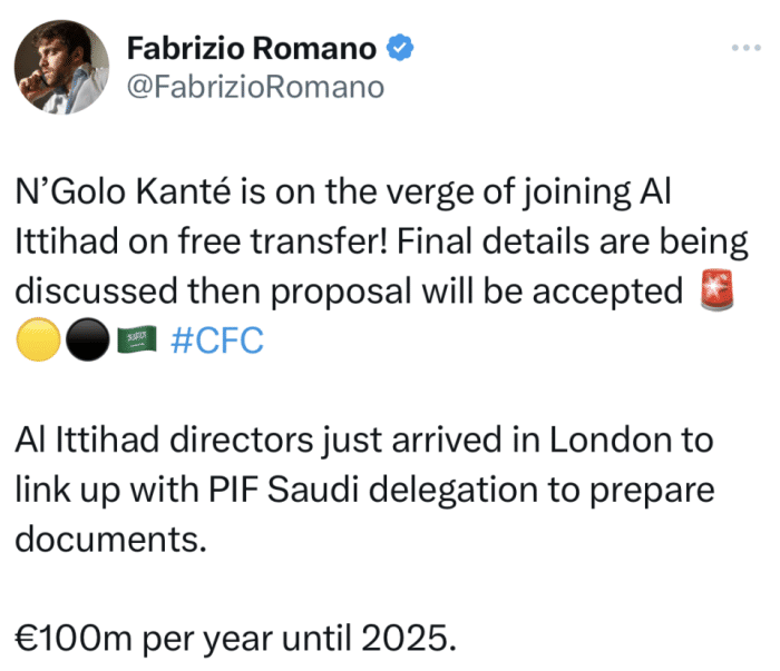 与本泽马重聚！曝切尔西铁腰自由身加盟吉达联合，年薪1亿欧签2年