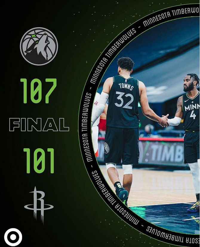 森林狼107-101击败火箭 唐斯29+16+8 伍德24+9