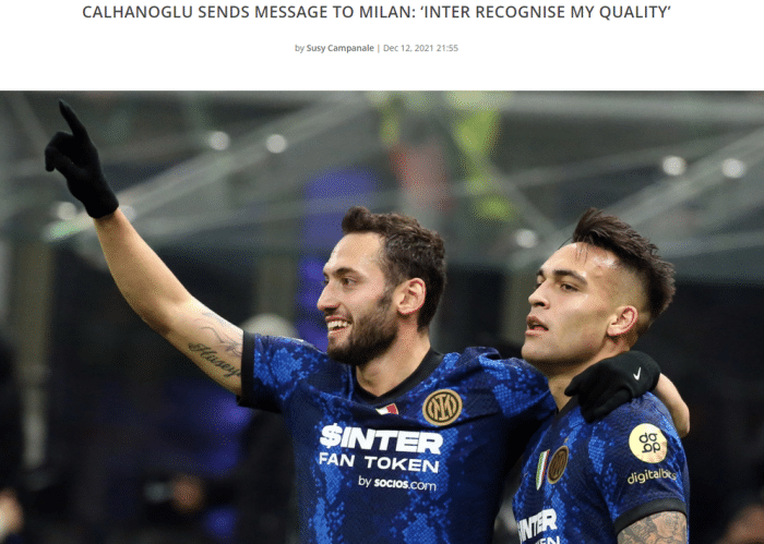 恰尔汗奥卢：为国米效力是一种荣幸，我无比自豪