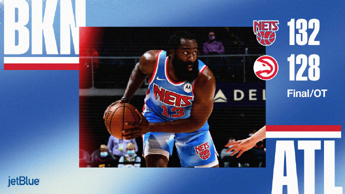 篮网132-128加时险胜老鹰 KD32分 哈登31+8+15 欧文26分