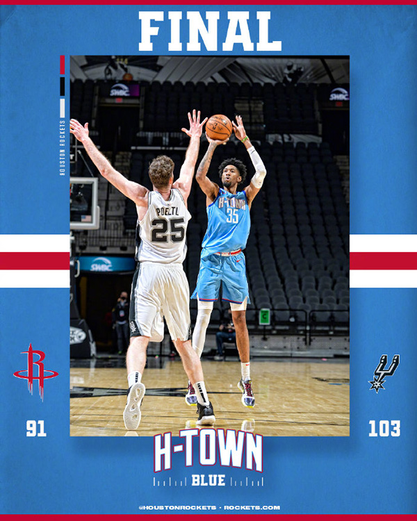 火箭91-103不敌马刺 德罗赞24+7 伍德24+18