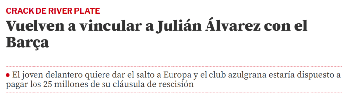 世体：巴萨愿为阿根廷00后锋线新星砸违约金