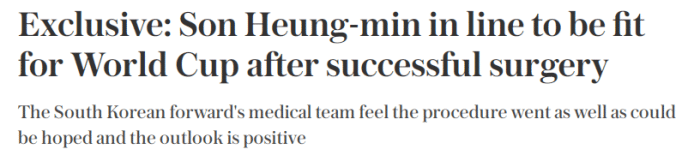 孙兴慜周五成功接受手术，有望赶上世界杯