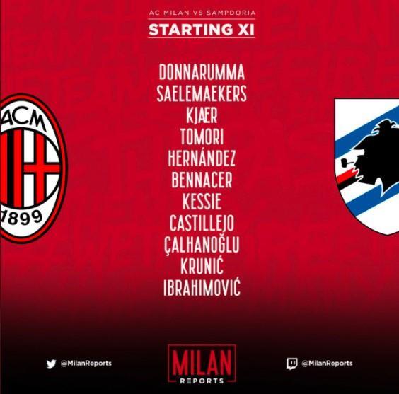 AC米兰vs桑普多利亚首发: 伊布领衔