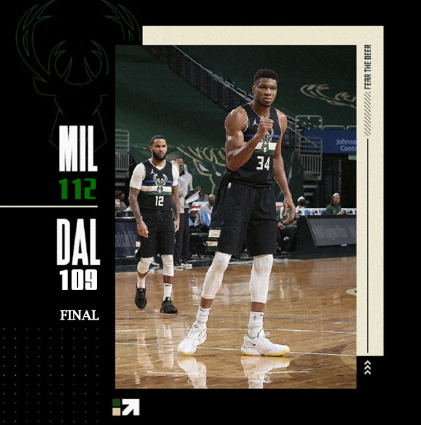 雄鹿112-109险胜独行侠 字母哥31+9 东契奇28+13+9